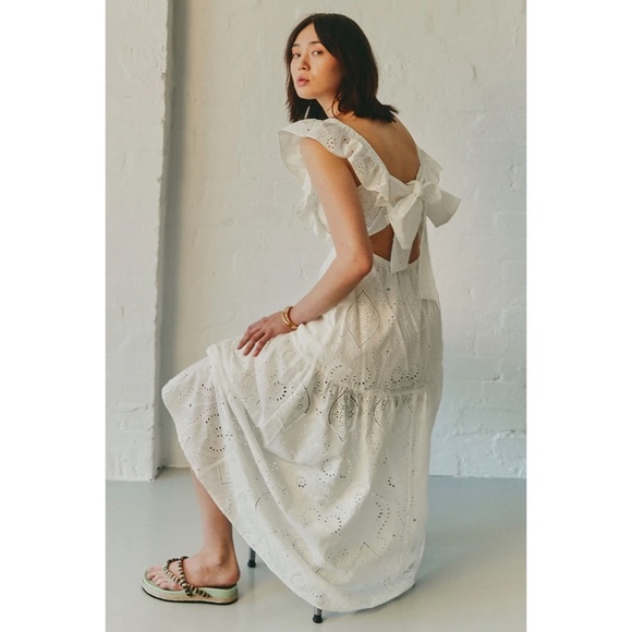 Flying Tomato Natural Beige Cotton Eyelet Midi Dress with Back Bow Tie - Picture 11 of 11